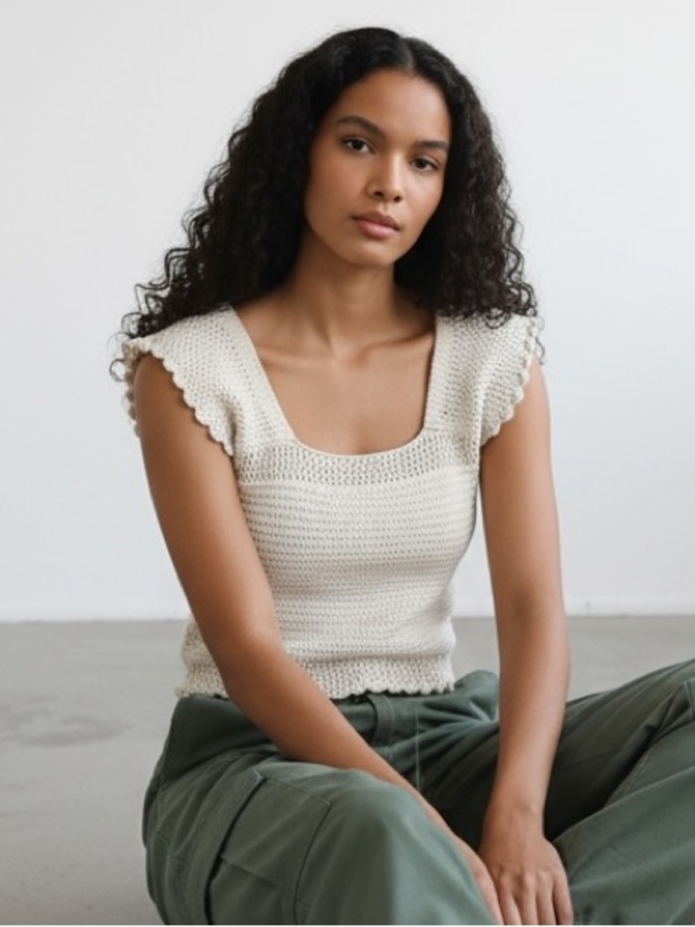 NWT Reserved Crochet Knit Short Sleeve Top in Cream size L